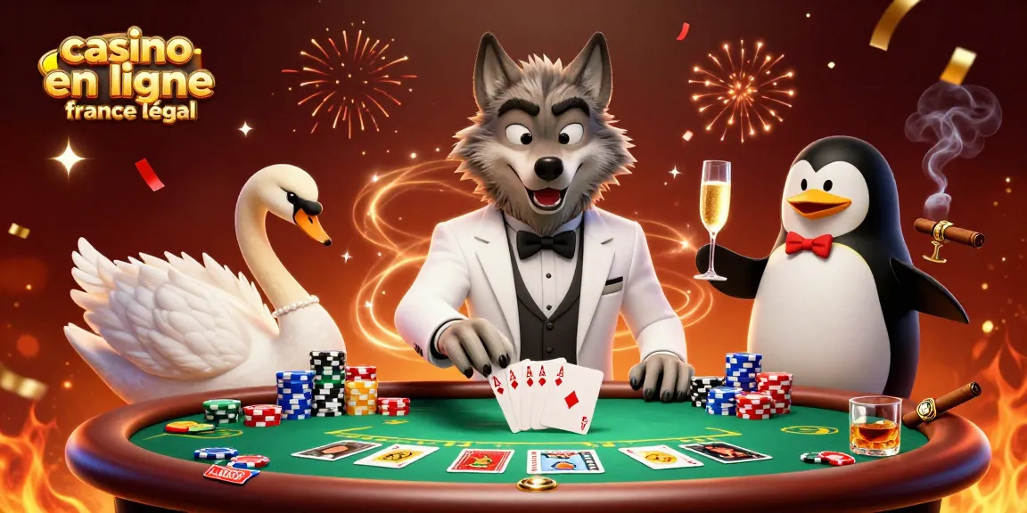 Illustration festive représentant un casino en ligne légal en France avec des personnages animés en action.