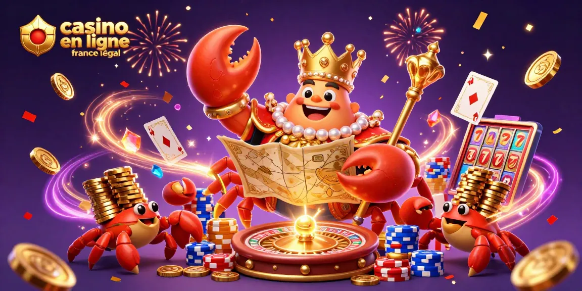 Illustration représentant un crabe empereur doré dans un casino en ligne France légal, entouré de pièces d'or et de serviteurs.