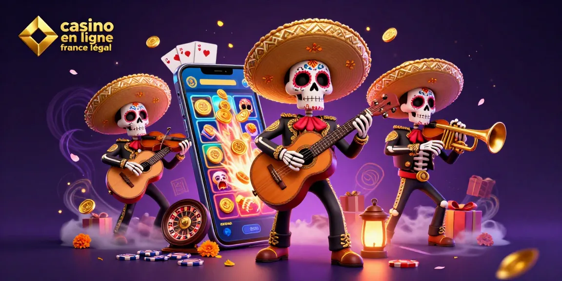 Illustration dynamique avec un groupe de squelettes mariachi représentant le casino en ligne légal en France.