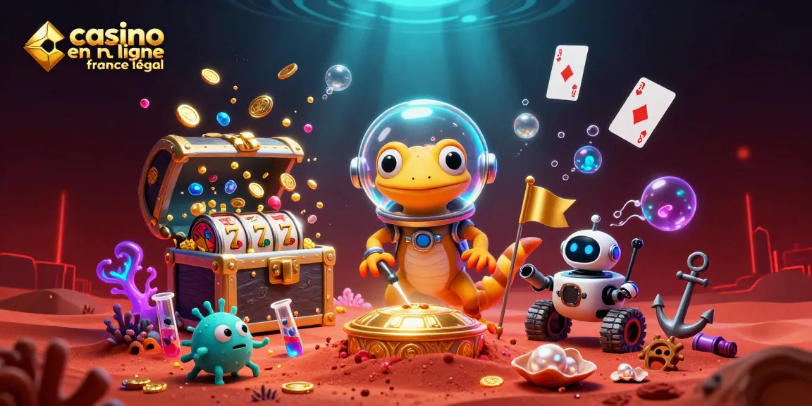 Illustration captivante d'un casino en ligne France légal dévoilé par un gecko martien dans un décor dynamique.