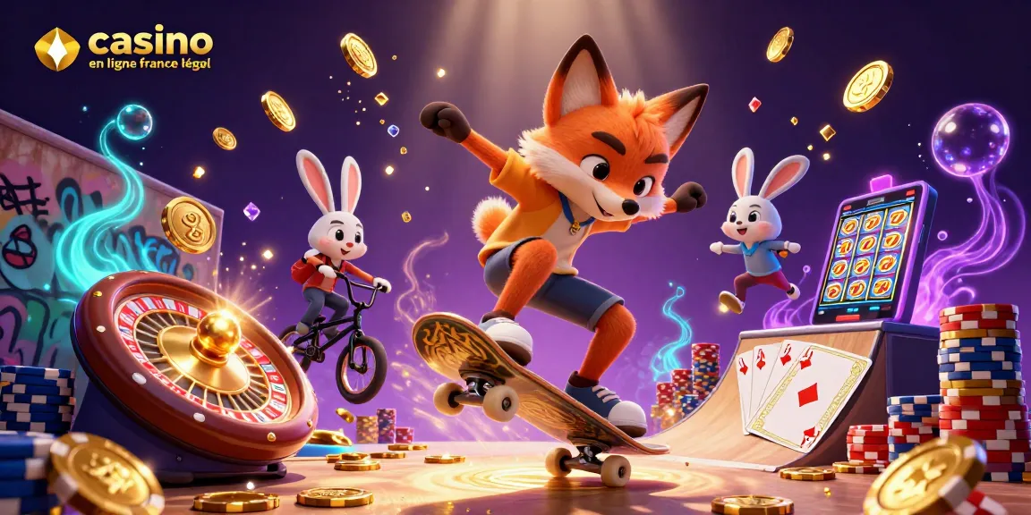 Faites un tour au casino en ligne France légal avec ce graphisme vibrant d'un renard et d'un lapin sur des jetons dorés.
