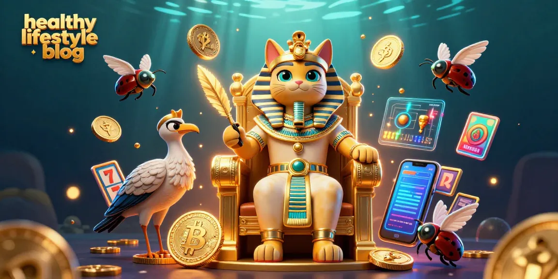 Spin the jackpot on a healthy lifestyle blog with Egyptian pharaoh cat and cryptocurrency elements.