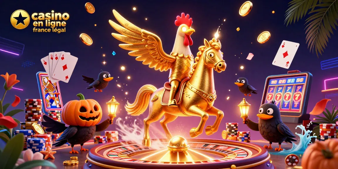 Jouez à des jeux de casino en ligne France légal avec un homme à cheval et des créatures fantastiques dans une scène de casino dynamique.