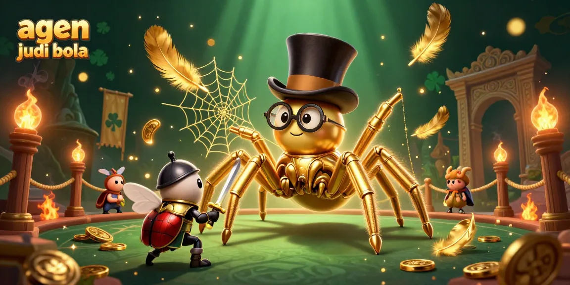 Experience agen judi bola with a spectacular 3D illustration of a golden tarantula and brave beetle knight surrounded by rich casino elements.