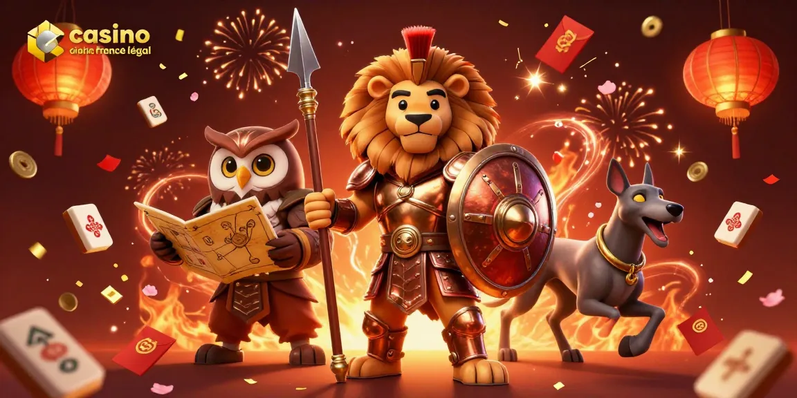 Illustration dynamique et colorée représentant un lion en armure symbolisant le casino en ligne légal en France.
