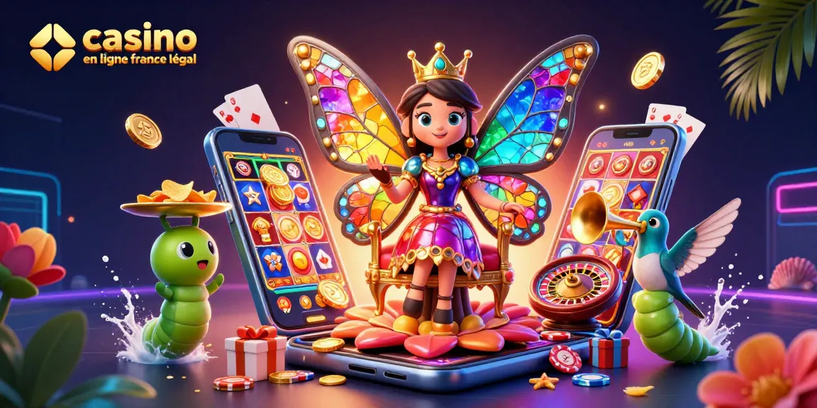 Visuel vibrant de casino en ligne France légal mettant en scène une reine papillon et des éléments de jeu dynamique.