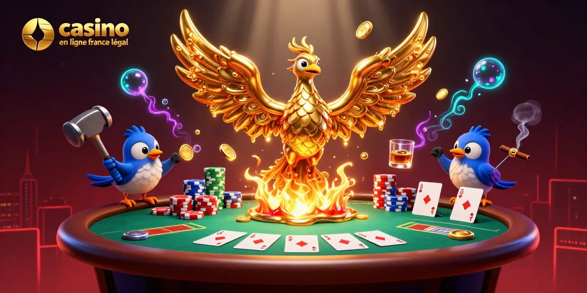 Illustration dynamique représentant un casino en ligne France légal avec des éléments de poker et une ambiance riche.