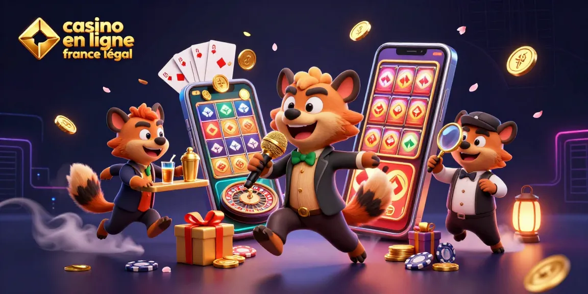 Illustration dynamique de casino en ligne France légal avec des hyènes animées racontant des blagues, mélangeant des cocktails et vérifiant des pièces d'identité.