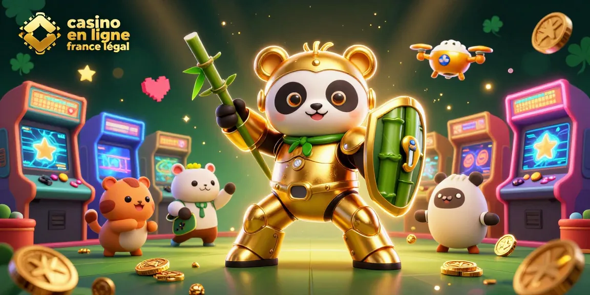 Animation énergique de "casino en ligne france légal" avec panda en costume de robot et des éléments de jeu.