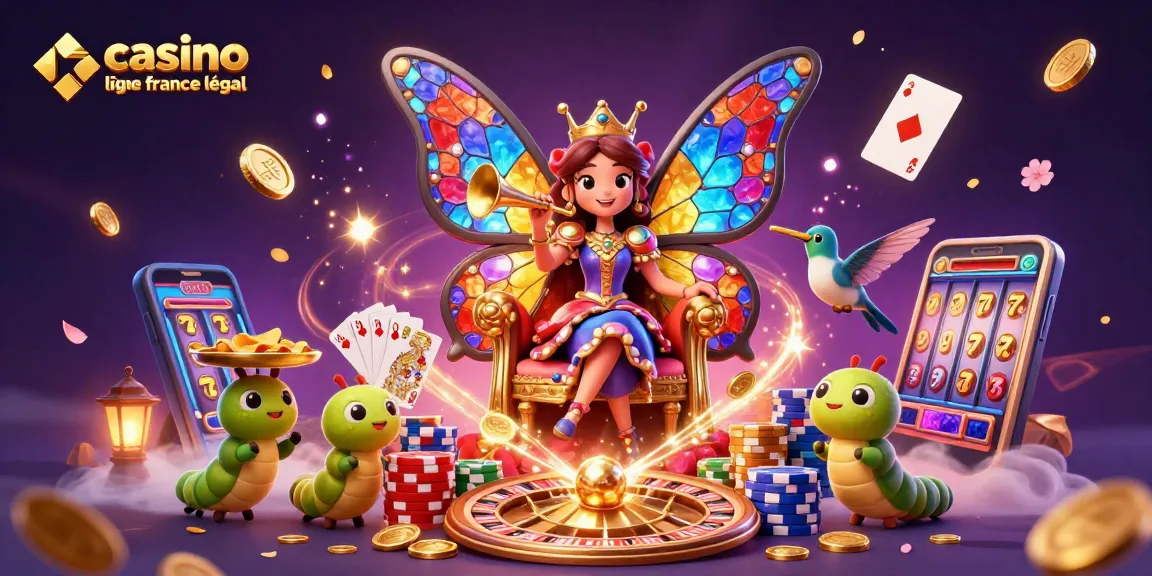 Jouer dans un casino en ligne France légal avec une reine papillon illustrée en 3D et des éléments de jeu.