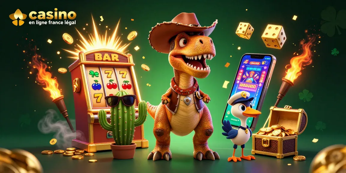 Célébrez vos gains avec des illustrations de casino en ligne france légal où un dinosaure T-Rex cowboy et ses amis s'amusent autour des machines à sous.
