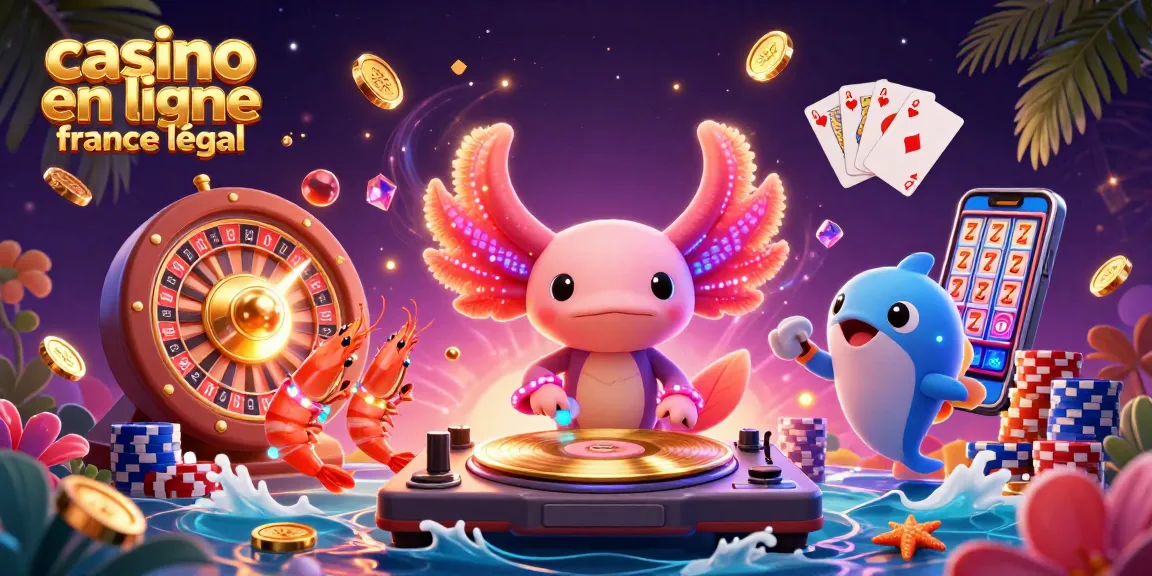 Illustration dynamique d'un DJ axolotl et de camarades pour casino en ligne légal en France