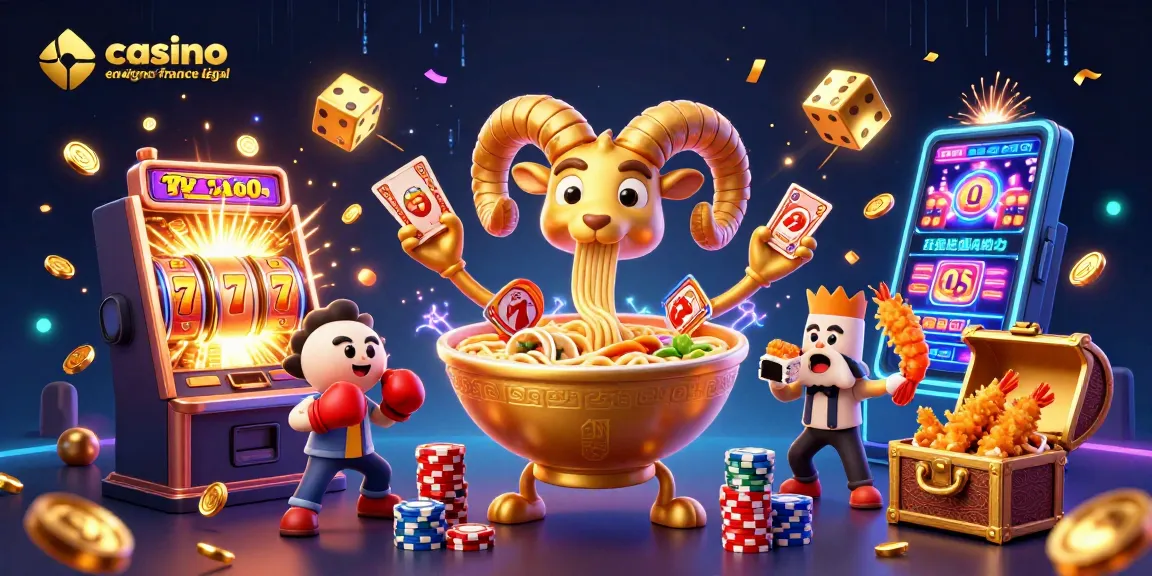 Illustration dynamique de casino en ligne France légal avec un bol de ramen géant et des éléments de jeu.