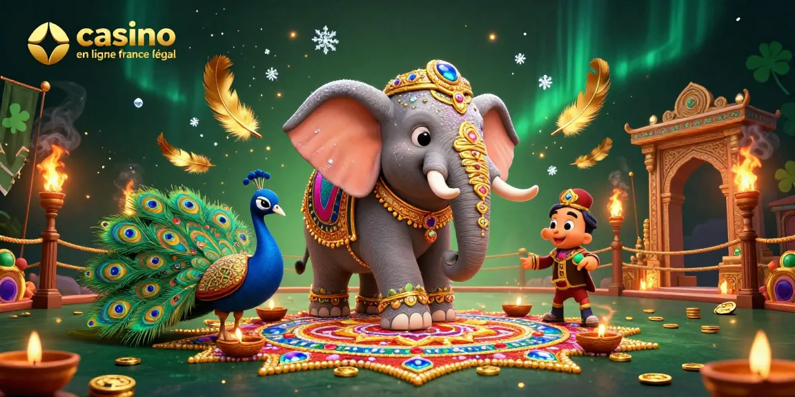 Cette illustration montre le casino en ligne légal en France avec un éléphant Diwali et un paon accompagnateur.