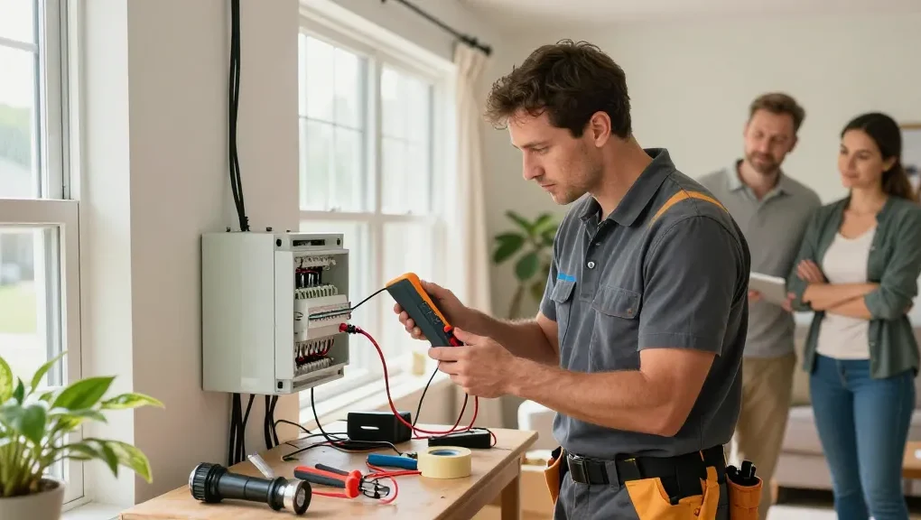 Local emergency electrician diagnosing electrical issues in a cozy home setting with tools and equipment.