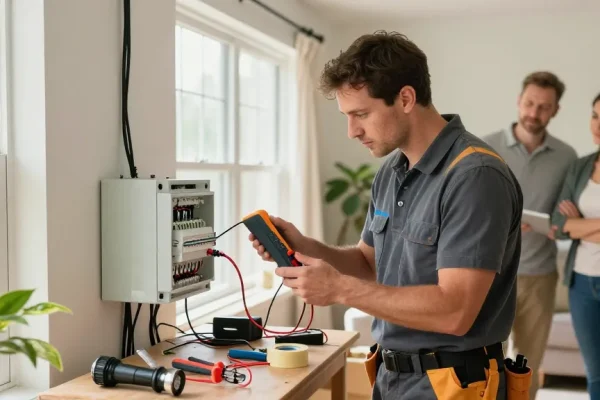 Local emergency electrician diagnosing electrical issues in a cozy home setting with tools and equipment.