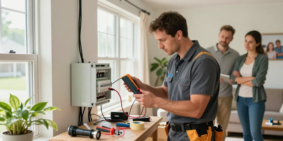 Local emergency electrician diagnosing electrical issues in a cozy home setting with tools and equipment.