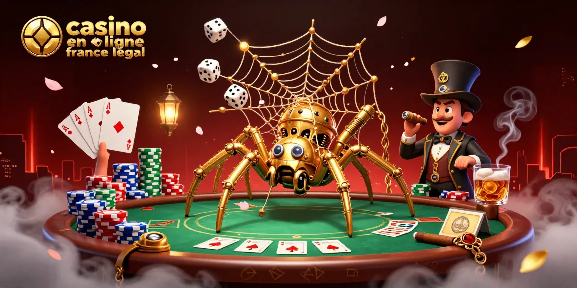Illustration d'un casino en ligne France légal avec une araignée steampunk dorée et des éléments de poker.
