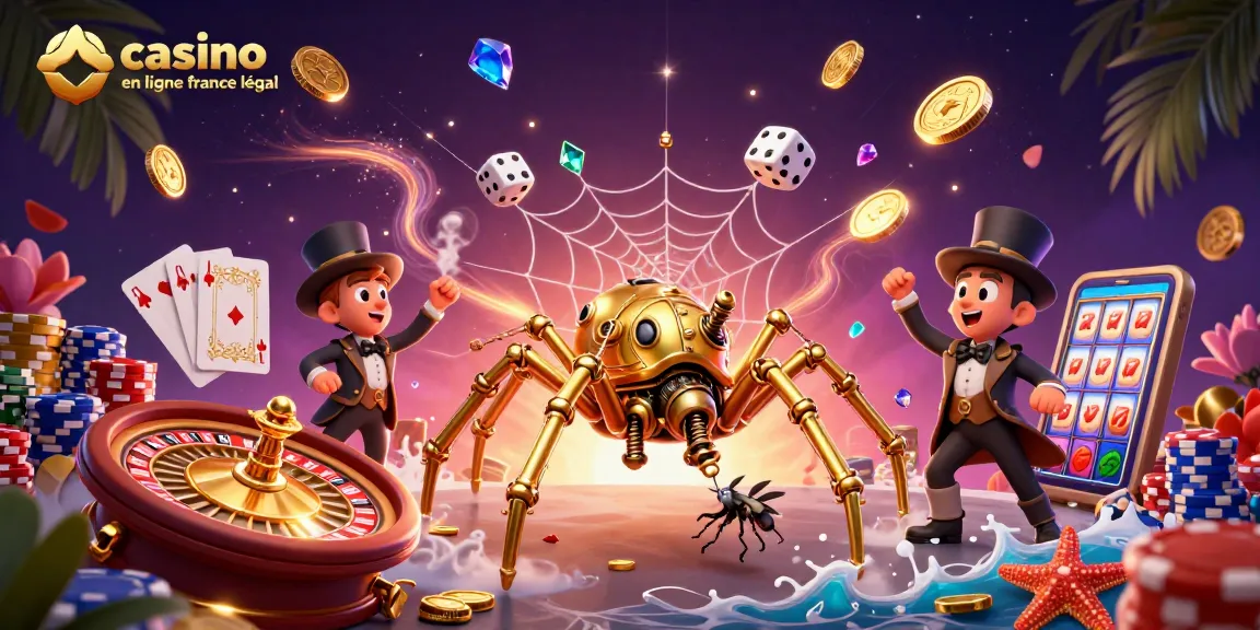 Illustration d'un casino en ligne légal en France avec une araignée dorée steampunk et un homme victorien.