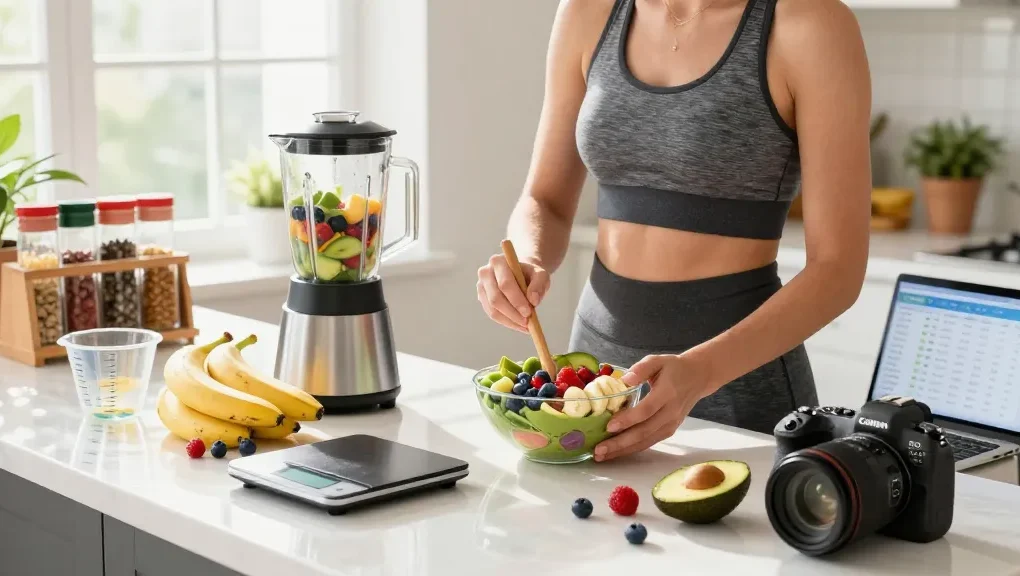 Creating a nutritious smoothie bowl while using the best calorie tracker app in a bright kitchen.
