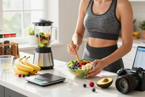 Creating a nutritious smoothie bowl while using the best calorie tracker app in a bright kitchen.