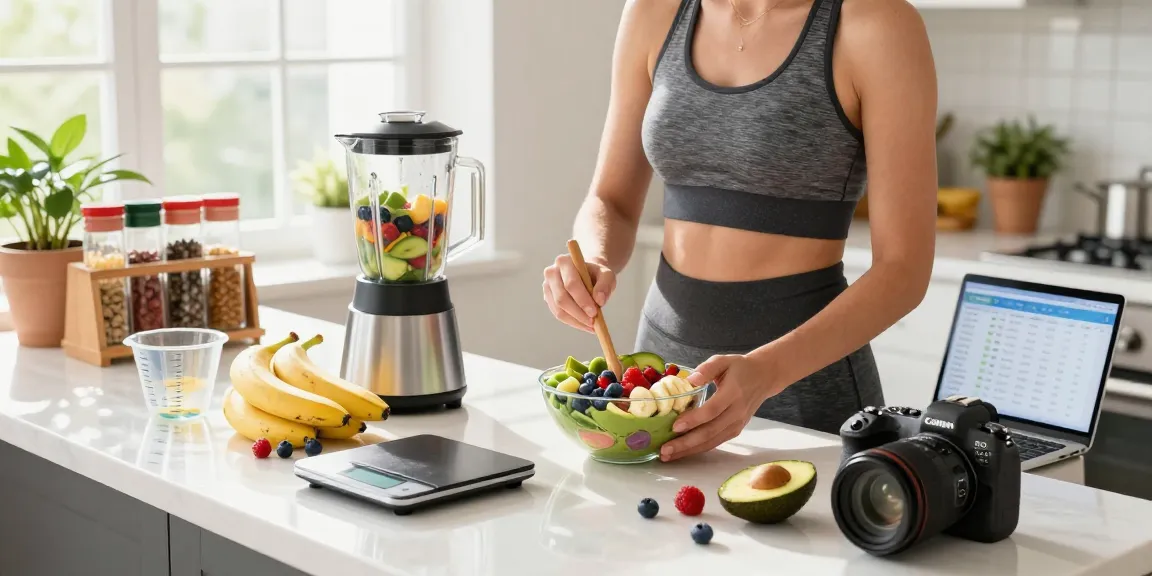 Creating a nutritious smoothie bowl while using the best calorie tracker app in a bright kitchen.