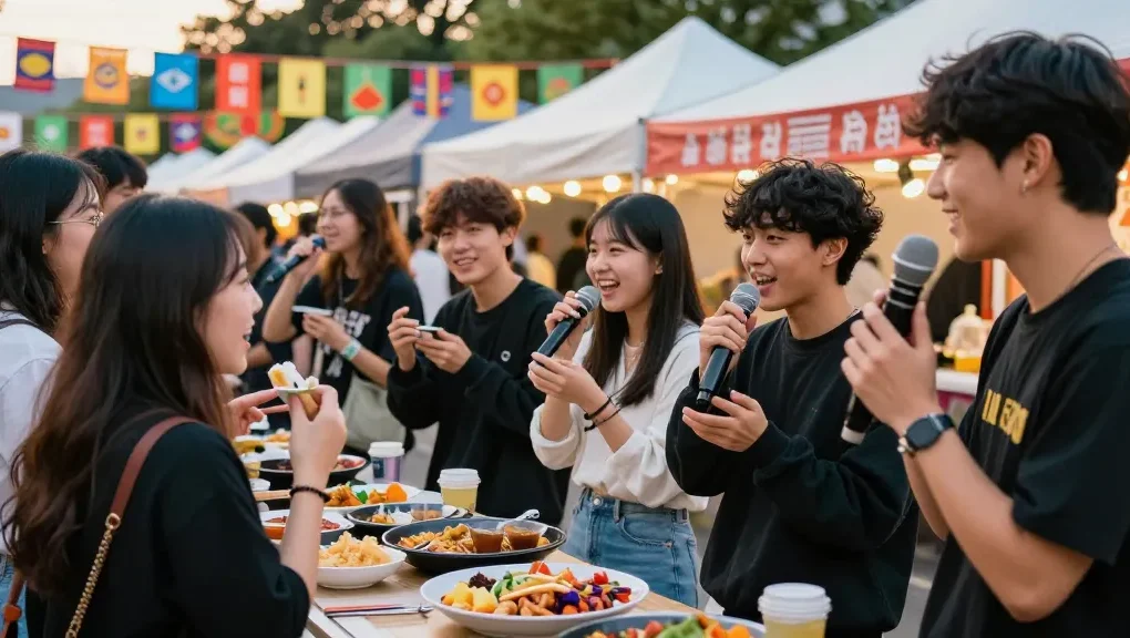 Youth enjoying Asian culture at an outdoor festival, inspired by https://hanadultalk.com, showcasing vibrant food and excitement.