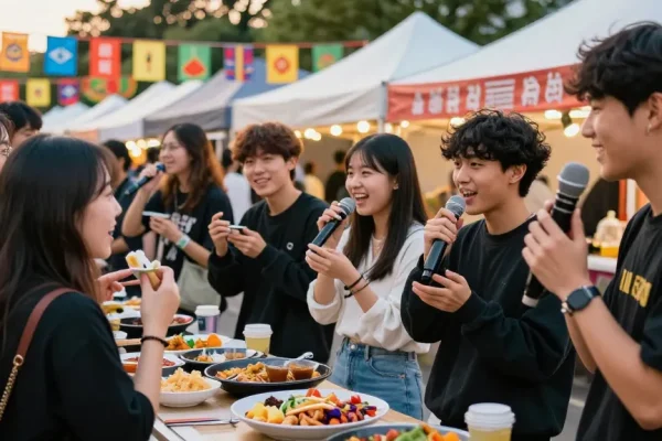 Youth enjoying Asian culture at an outdoor festival, inspired by https://hanadultalk.com, showcasing vibrant food and excitement.