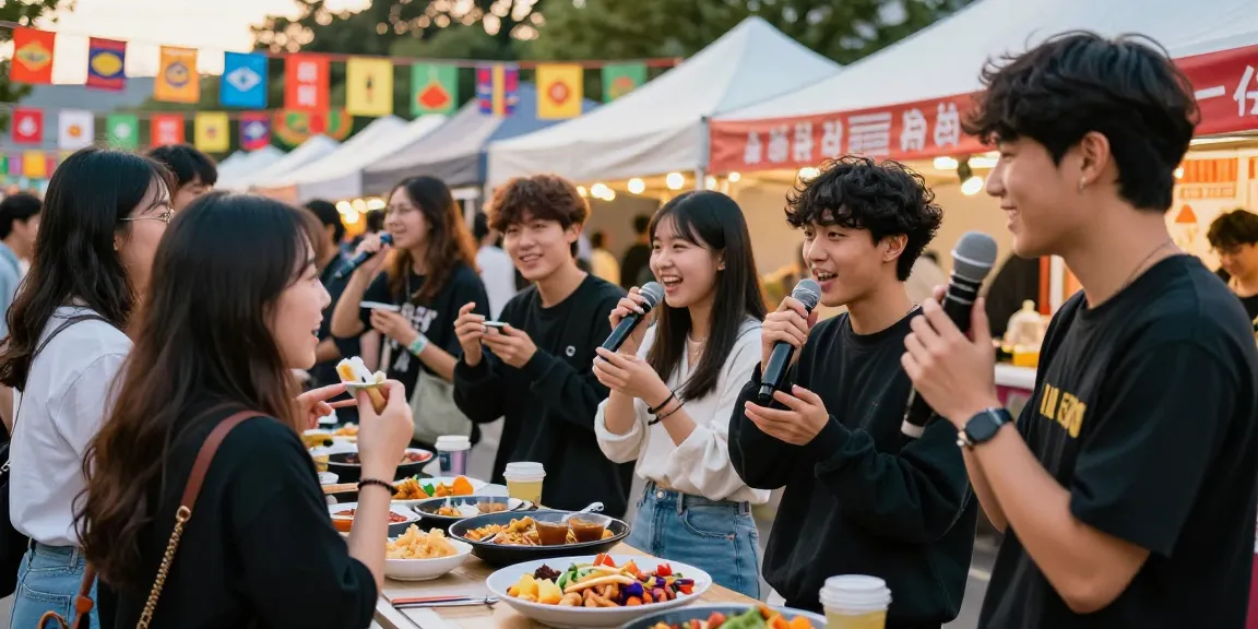 Youth enjoying Asian culture at an outdoor festival, inspired by https://hanadultalk.com, showcasing vibrant food and excitement.