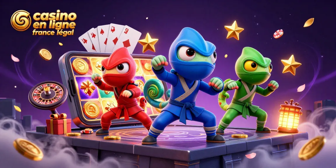 Illustration 3D dynamique avec une équipe de caméléons ninjas et des éléments de casino en ligne légaux en France