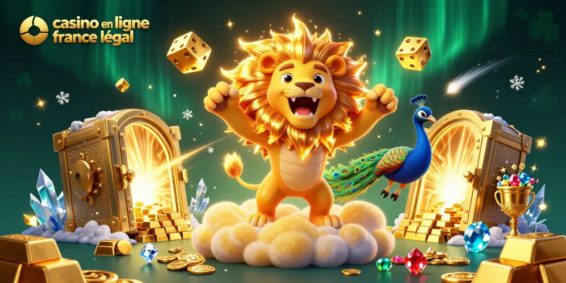 Illustration dynamique de casino en ligne France légal avec un lion et des dés dorés vibrants.