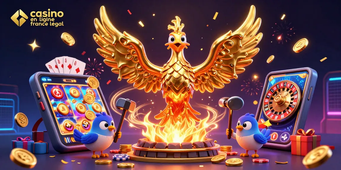Illustration immersive casino en ligne France légal avec un phoenix doré et des éléments de jeu dynamique.