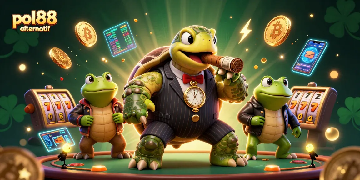 Menghadirkan pol88 alternatif dalam ilustrasi kasino 3D yang dinamis bersama tanda keberuntungan dan simbol slot.