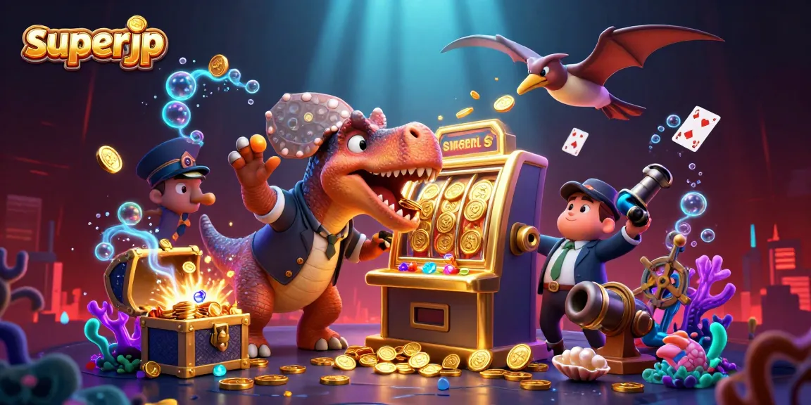 superjp promotes thrilling jackpots with a dynamic dinosaur casino scene featuring a winning slot machine.