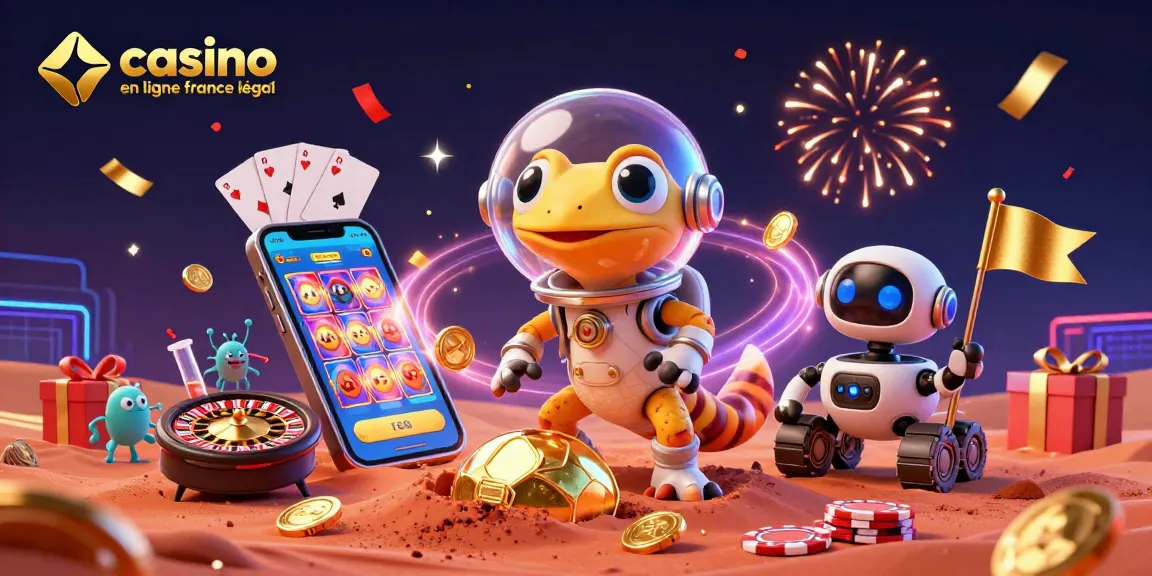 Illustration d'un gecko martien découvrant un casino, représentant le casino en ligne France légal