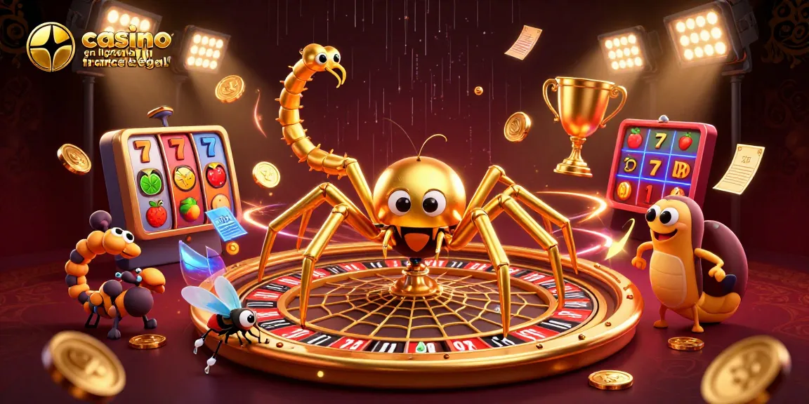 Illustration dynamique représentant le jeu de casino en ligne légal en France avec une araignée dorée et des éléments de machines à sous.