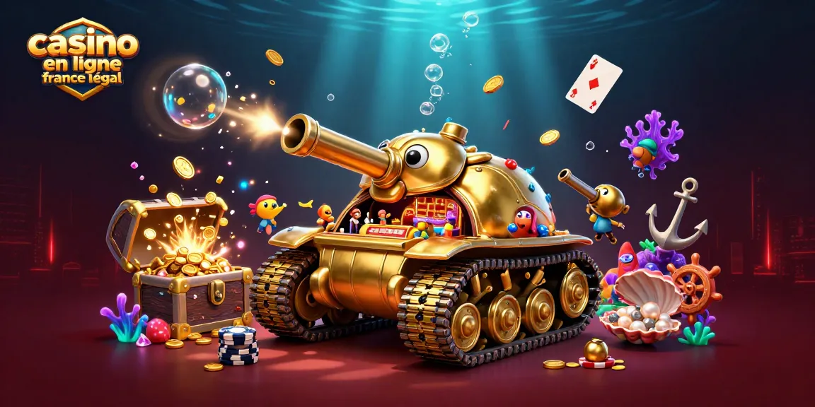 Illustration captivante de casino en ligne France légal avec éléments de jeu sous-marin vibrant et dynamique.