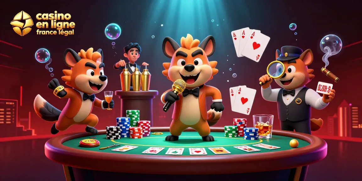 Résoudre les mystères du casino en ligne légal en France avec une scène de comédie animée et dynamique.
