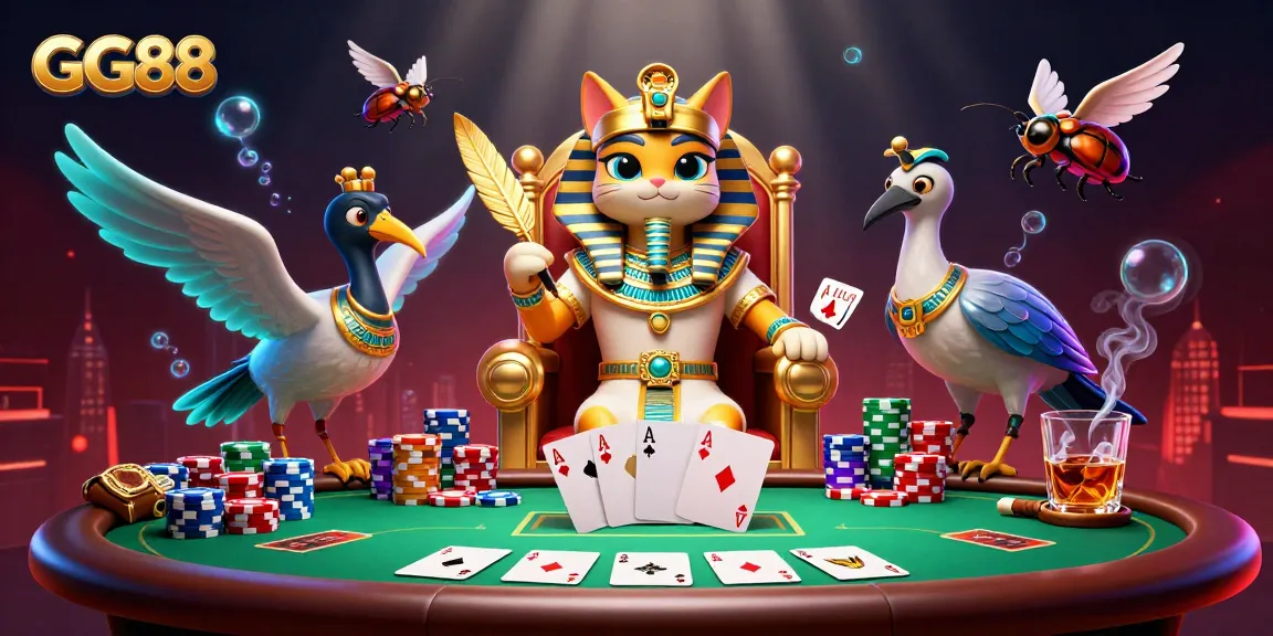 Experience the excitement of GG88 with a vibrant gambling scene showcasing poker and an intriguing pharaoh cat character.