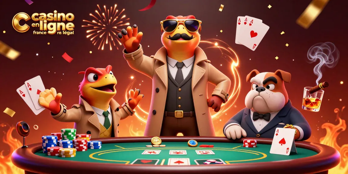 Les raptors déguisés tentent d'accéder au casino en ligne France légal, entourés de jetons de poker.