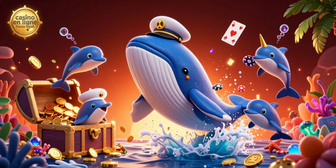 Illustration vibrante des jeux casino en ligne France légal, avec une baleine et des dauphins dans un océan de pièces.