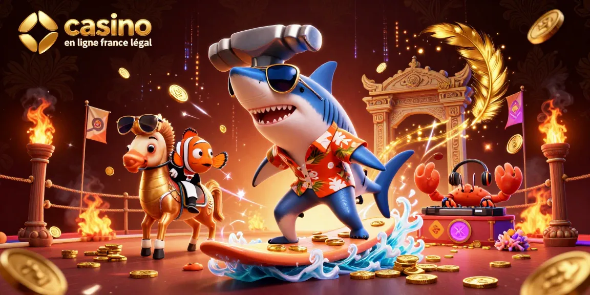 Illustration dynamique de casino en ligne légal en France avec un requin et un poisson clown sur des pièces d'or