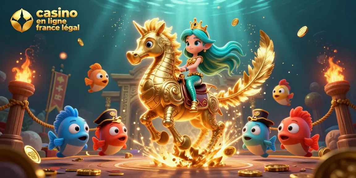 Jouez sur un casino en ligne légal en France avec l'illustration captivante de notre princesse sirène et son hippocampe doré.