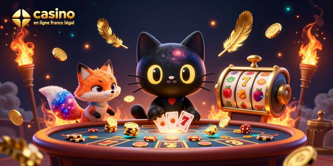 Visualisez un chat noir de casino en ligne France légal attirant des jetons d'or avec une étoile de gaz colorée.