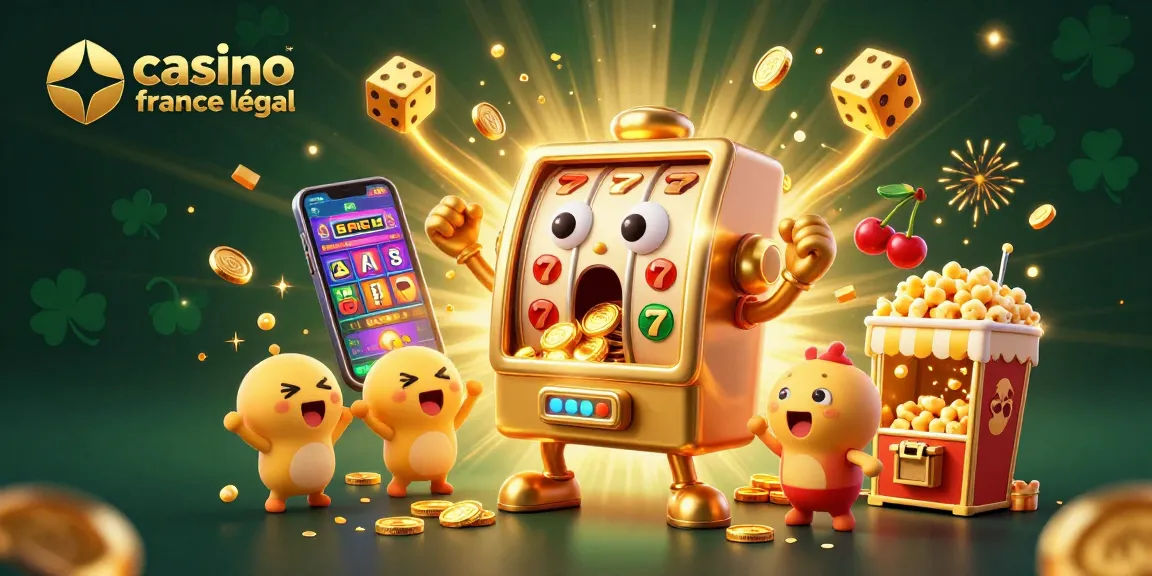 Visualisation d'un casino en ligne France légal avec une machine à sous dorée gagnant un jackpot, des pièces et des confettis volants.