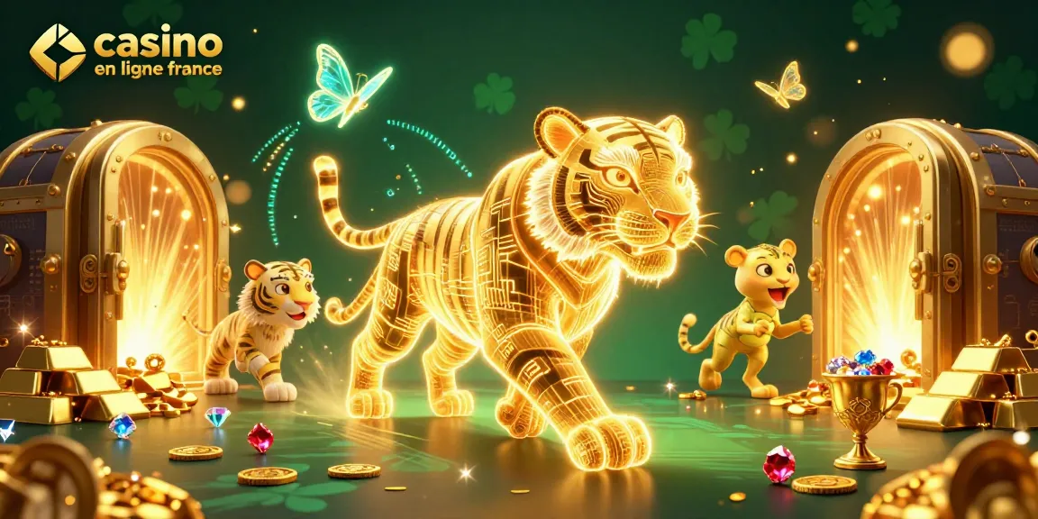 Jouez sur casino en ligne France avec un tigre néon et des trésors scintillants dans un paysage numérique.