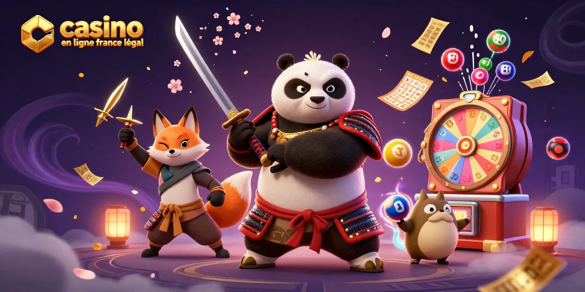 Illustration d'un panda samouraï et un renard ninja autour de jeux de casino, référence au casino en ligne France légal.