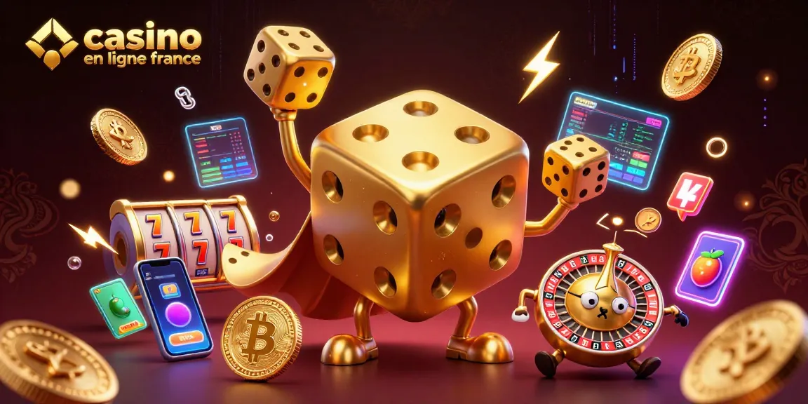 Jouez à des jeux de casino en ligne France avec un golem de dés dorés et des pièces de crypto-monnaie scintillantes.