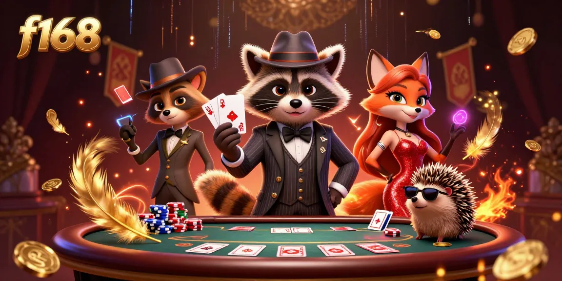 Experience the excitement of f168 poker with a suave raccoon and glamorous companions amidst a vibrant casino scene.