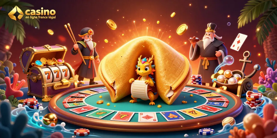 Visuel attractif illustrant casino en ligne france légal avec fortune cookie et dragon.